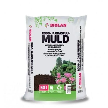 Biolani 50-liitrine valge kott rodode ja okaspuude mullaga, millel on rohelised tähised ja taimede fotod. See pinnas on eraldi sobiv happelist keskkonda armastavatele taimedele.